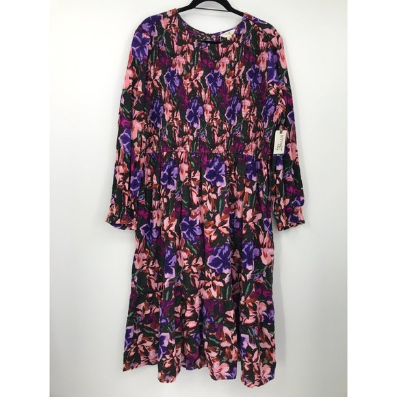 Terra & Sky Tiered Peasant Boho Smocked Midi Dress Purple Floral 2X NEW - Picture 2 of 6